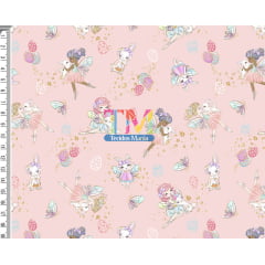 Sintético doll estampado - Coelho e Fadas - fundo rosa